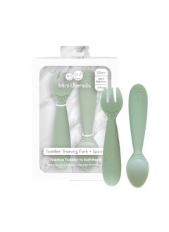 ezpz Baby Mini Fork And Spoon Set, Kids Cutlery Set With Case - 12M+ - Sage  - Image 1