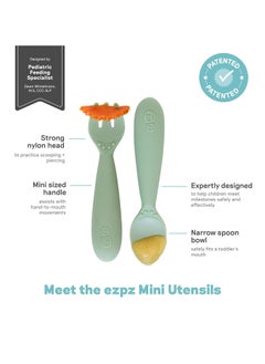 ezpz Baby Mini Fork And Spoon Set, Kids Cutlery Set With Case - 12M+ - Sage  - Image 2