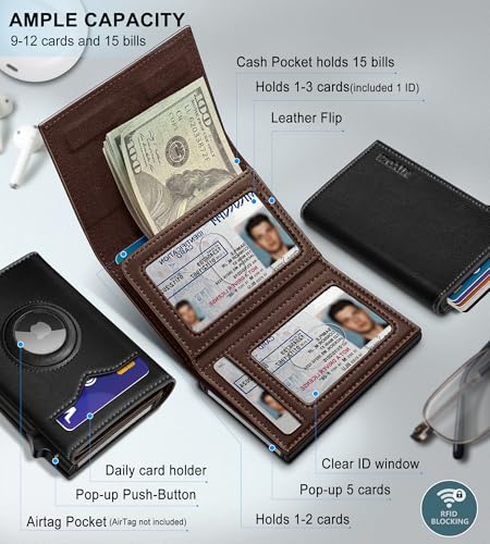 miyozi Airtag Wallet for Menwith Cash Pocket 2 ID Window 912 CardsMetal Case Smart Slim Pop Up Credit Card Holder Flip with Magnetic Closure RFID Blocking Trifold wallet with Gift Box - Image 3