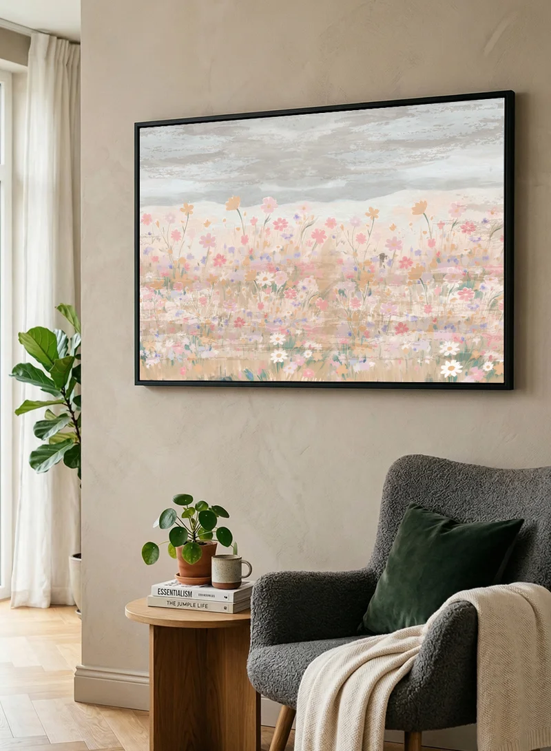 LOWHA Canvas Wall Art Stretched Over Wooden Frame with Black Floating Frame and Flowers Design