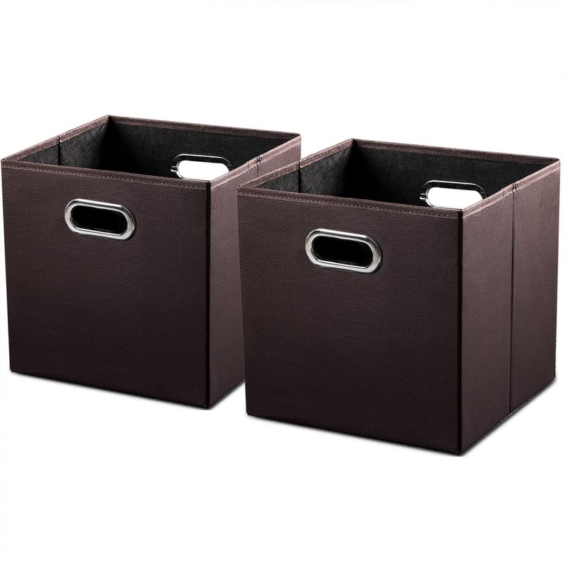 PRANDOM PRANDOM Leather Foldable Cube Storage Bins 11x11 inch [2-Pack] Fabric Storage Baskets Cubes Drawer with Cotton Handles Organizer for Shelves Toy Nursery Closet Bedroom Clothes Brown