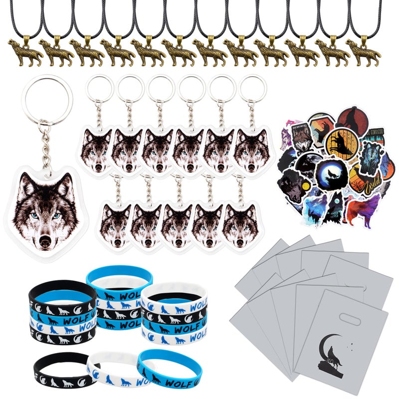 BANBALLON 98 PCS Wolf Party Favors Cool Wolf Necklace Goodie Bags with Wolf Keychains Stickers Rubber Bracelets And Wolf Bags for Wolf Themed Birthday Party Baby Shower Holiday - Image 3