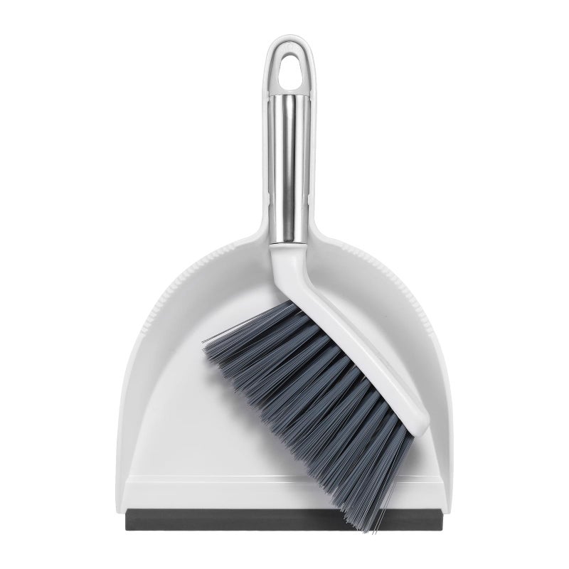 NACENA Mini Broom and Dustpan Set, Small Dust Pan and Brush Set with Handle Dustpan Teeth for Cleaning Hair Suitable for Office Desks Drawers Sofas Outdoor Camping, White & Gray - Image 1