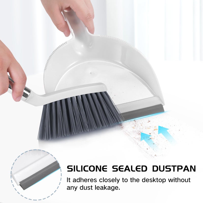 NACENA Mini Broom and Dustpan Set, Small Dust Pan and Brush Set with Handle Dustpan Teeth for Cleaning Hair Suitable for Office Desks Drawers Sofas Outdoor Camping, White & Gray - Image 2