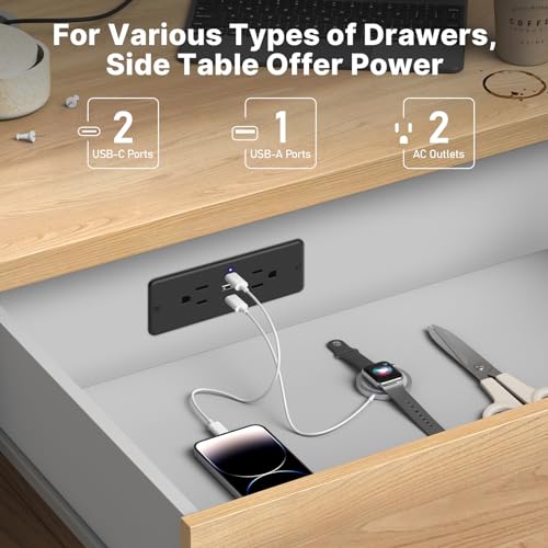 CCCEI Recessed Power Strip with Outlet and USB C Ports, Furniture Flush Mount Power Strip, Small Desk Hidden Outlet for Conference Table, Nightstand, Black, 6FT. - Image 2