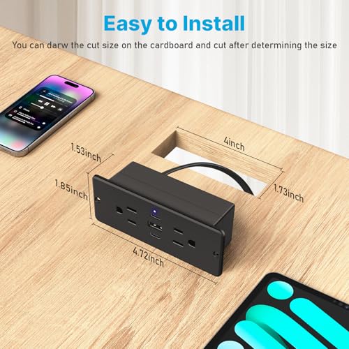 CCCEI Recessed Power Strip with Outlet and USB C Ports, Furniture Flush Mount Power Strip, Small Desk Hidden Outlet for Conference Table, Nightstand, Black, 6FT. - Image 5