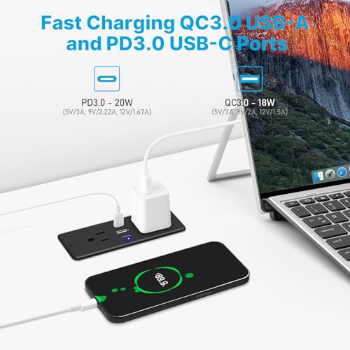 CCCEI Recessed Power Strip with Outlet and USB C Ports, Furniture Flush Mount Power Strip, Small Desk Hidden Outlet for Conference Table, Nightstand, Black, 6FT. - Image 3