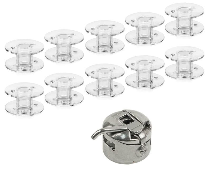 Zenith Plastic Sewing Machine 10 White Bobbins Set & 1 Bobbin Case Combo - Compatible with Household Usha, Brother, Singer, Janome & More | Replacement Accessories (10 WHITE TRANSPARENT 1 BOBBIN CASE) - Image 1