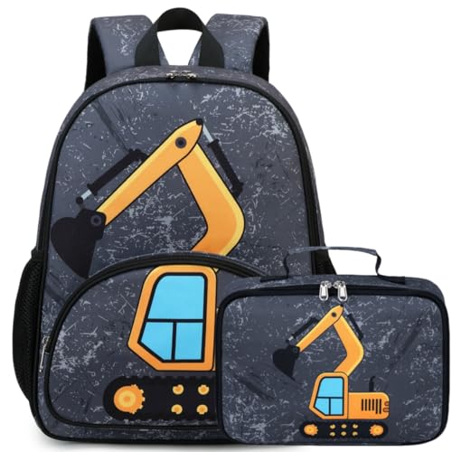 LOIDOU Backpack Boys Girls Preschool Backpacks for Kids School Bags Kindergarten BookBag Set Toddler Backpack with Lunch Box (Truck Gray) - Image 1