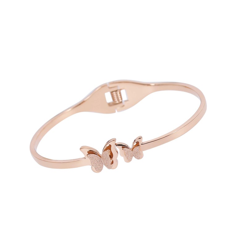 Moonstone سوار موضة للنساء من الفولاذ المقاوم للصدأ مع تصميم مزدوج لامع ومفصل فراشة مطفأ - Image 2