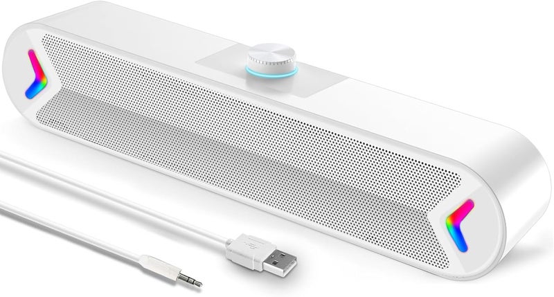 لينرو مكبرات صوت كمبيوتر ، مكبرات صوت كمبيوتر مزودة بـ USB سلكي بصوت ستيريو 10 واط، مكبرات صوت ساوندبار للكمبيوتر المكتبي واللابتوب والشاشة (AUX-أبيض) - Image 1