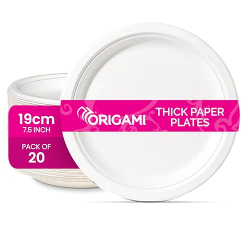 Origami 7.5 Inches Round Disposable Bagasse Thick Paper Plates | Eco Friendly & Biodegradable Sugarcane Paper Plates | Perfect For Parties, Picnics, & Festive Occasions- Pack of 20 Pcs,White - Image 1