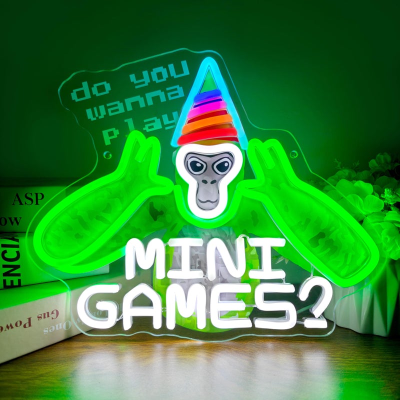 JOSEBRU Do You Wanna Play Mini Games? Neon Sign Fun Gaming LED Art for Game Rooms Decor Cute Monkey with Party Hat Sign for Mini Game Fans Night Lights for Bedroom Party Kids Room Wall Decor - Image 1