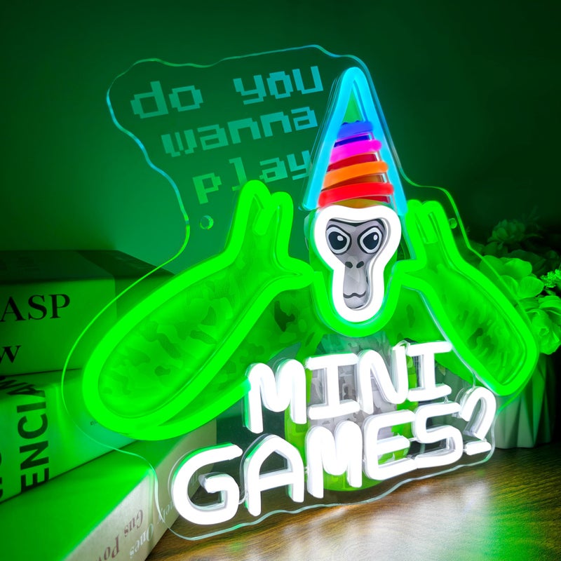 JOSEBRU Do You Wanna Play Mini Games? Neon Sign Fun Gaming LED Art for Game Rooms Decor Cute Monkey with Party Hat Sign for Mini Game Fans Night Lights for Bedroom Party Kids Room Wall Decor - Image 2