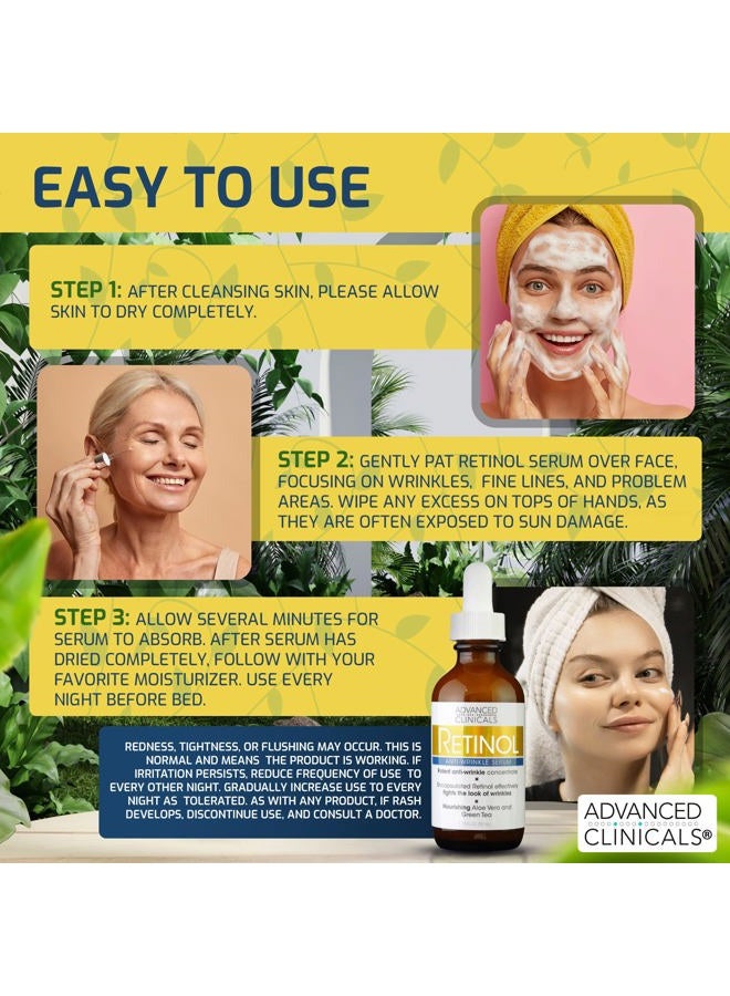 Advanced Clinicals Retinol Facial Serum Moisturizer Skin Care For Face, Anti Aging Retinol Concentrate Reduces Appearance Of Wrinkles & Fine Lines W/Aloe Vera & Green Tea, 1.75 Fl Oz (Pack of 2) - Image 5