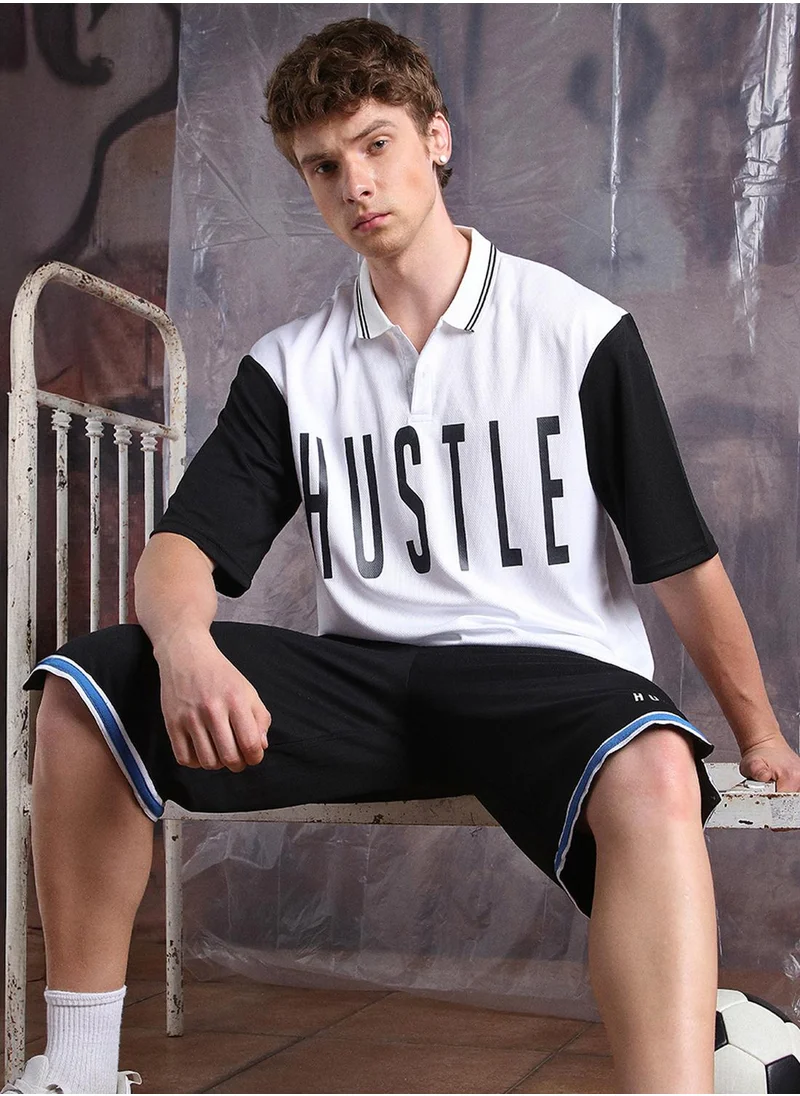 هوبرهولمي Men's White 100% Polyester Printed Cropped Bermuda Longline Oversized Co-Ords