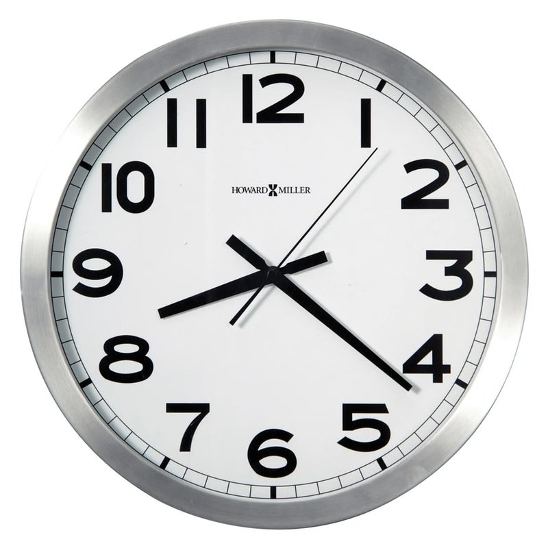 Howard Miller Spokane Modern Wall Clock  Large Brushed Aluminum Frame White Dial Silent Quartz Battery Operated Easy to Read Black Numerals Perfect Sleek Decor for Kitchen or Office