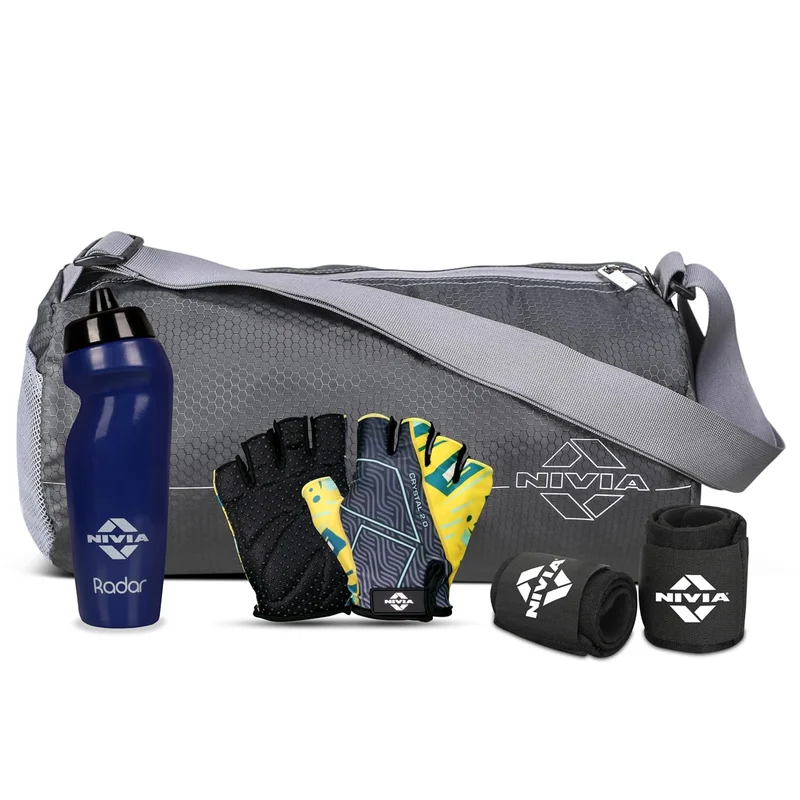 نيفيا Nivia Basic Gym Combo for Men & Women - Polyester Gym Bag, Gym Gloves, Water Sipper, and Wrist Band