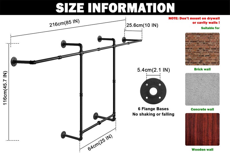 Livabber Industrial Pipe Clothes Rack, Heavy Duty Detachable Iron Garment Rack Wall Mounted, Rustic Saving Space Clothes Bar Multi-Purpose Hanging Rod for Bedroom, Closet, 2 Tier, Black (82 Inch) - Image 2