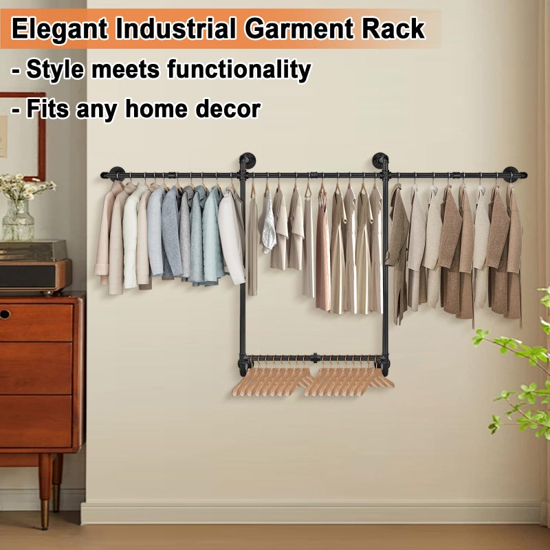 Livabber Industrial Pipe Clothes Rack, Heavy Duty Detachable Iron Garment Rack Wall Mounted, Rustic Saving Space Clothes Bar Multi-Purpose Hanging Rod for Bedroom, Closet, 2 Tier, Black (82 Inch) - Image 4