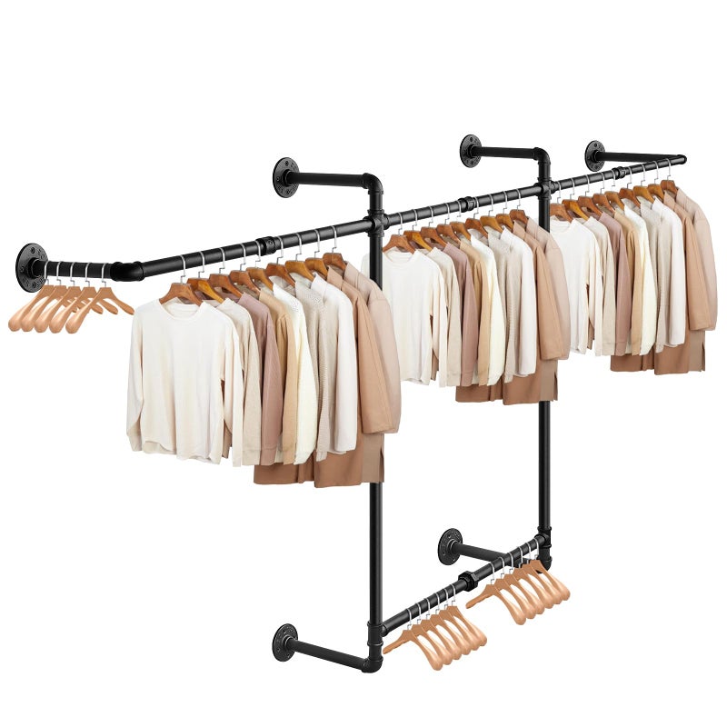 Livabber Industrial Pipe Clothes Rack, Heavy Duty Detachable Iron Garment Rack Wall Mounted, Rustic Saving Space Clothes Bar Multi-Purpose Hanging Rod for Bedroom, Closet, 2 Tier, Black (82 Inch) - Image 1