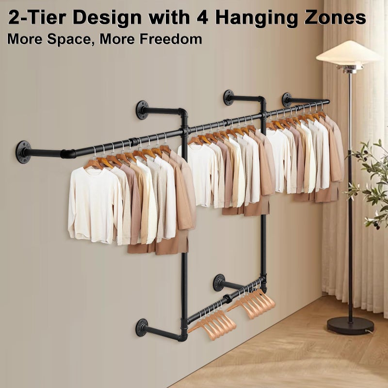 Livabber Industrial Pipe Clothes Rack, Heavy Duty Detachable Iron Garment Rack Wall Mounted, Rustic Saving Space Clothes Bar Multi-Purpose Hanging Rod for Bedroom, Closet, 2 Tier, Black (82 Inch) - Image 5