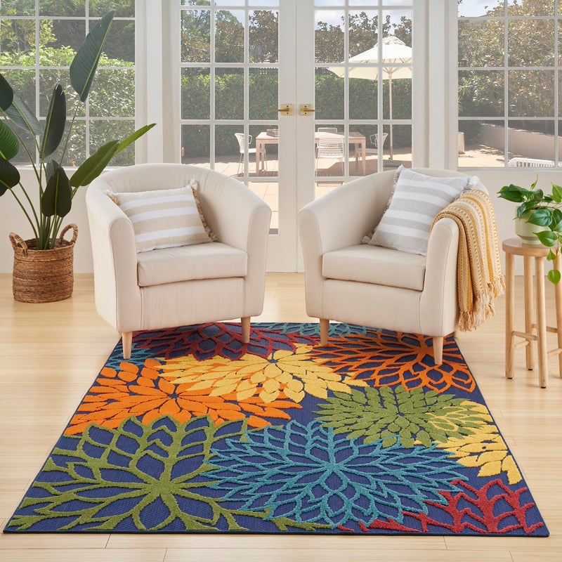 Nourison Home Aloha Indoor-Outdoor Navy Multicolor 5'3" x 7'5" Area Rug, Easy Cleaning, Non Shedding, Bed Room, Living Room, Dining Room, Backyard, Deck, Patio (5x7) - Image 1