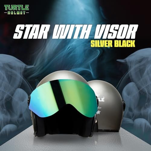 Turtle Helmet Star with Visor Half Face with Scratch Resistive Rainbow Visor & Hard Shell ABS Plastic Helmet, Grey, Large Size, (L-60 cm) - Image 2