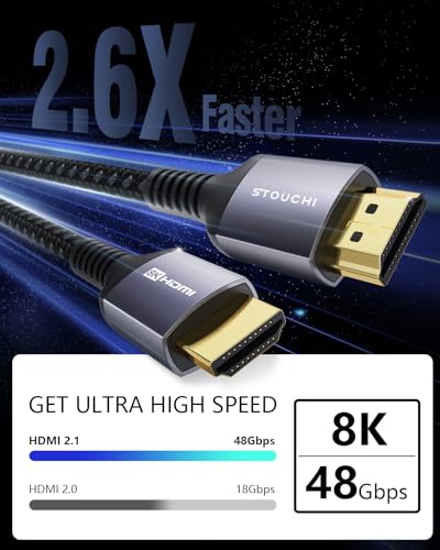 Stouchi HDMI Cable 8FT, 48Gbps Ultra High Speed HDMI® Cables Braided 2.1 Cord, 8K60Hz 4K120Hz 144Hz eARC Dynamic HDR HDCP 2.2&2.3 HDR10+ Compatible for PS5, PS4, UHD TV and PC - Image 2