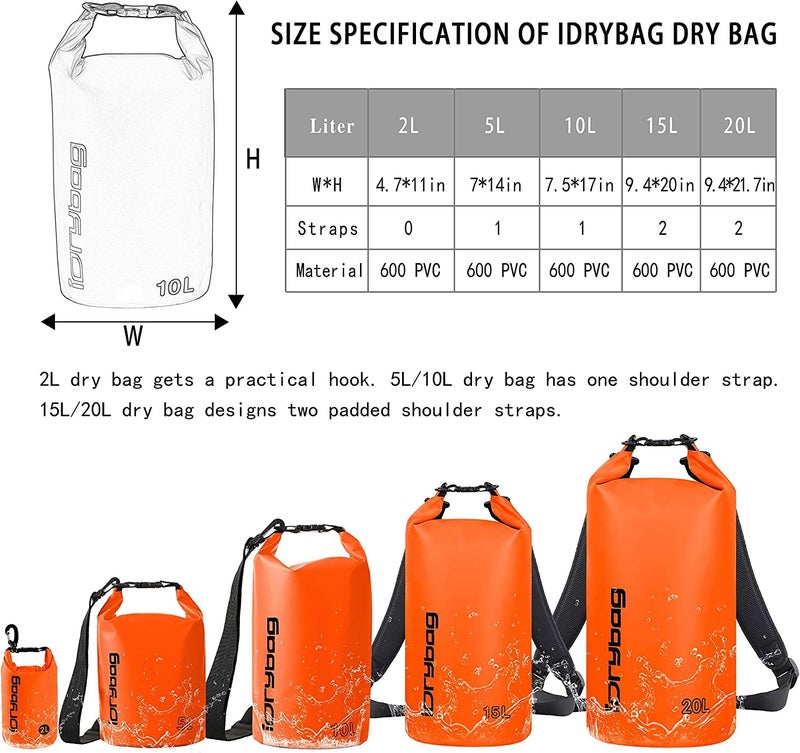 IDRYBAG Dry Bag for Kayaking Waterproof 2L/5L/10L/15L/20L, Small Dry Sack Waterproof Bag for Boating - Image 3