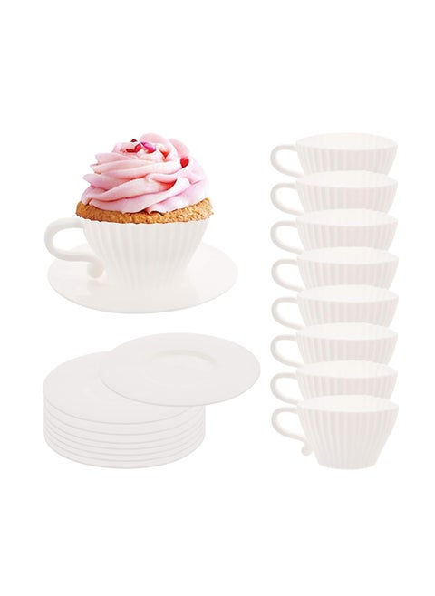 Silicone Muffin Cups for Baking Cupcake Liners Reusable Chocolate 8 Teacups with 8 Saucers White