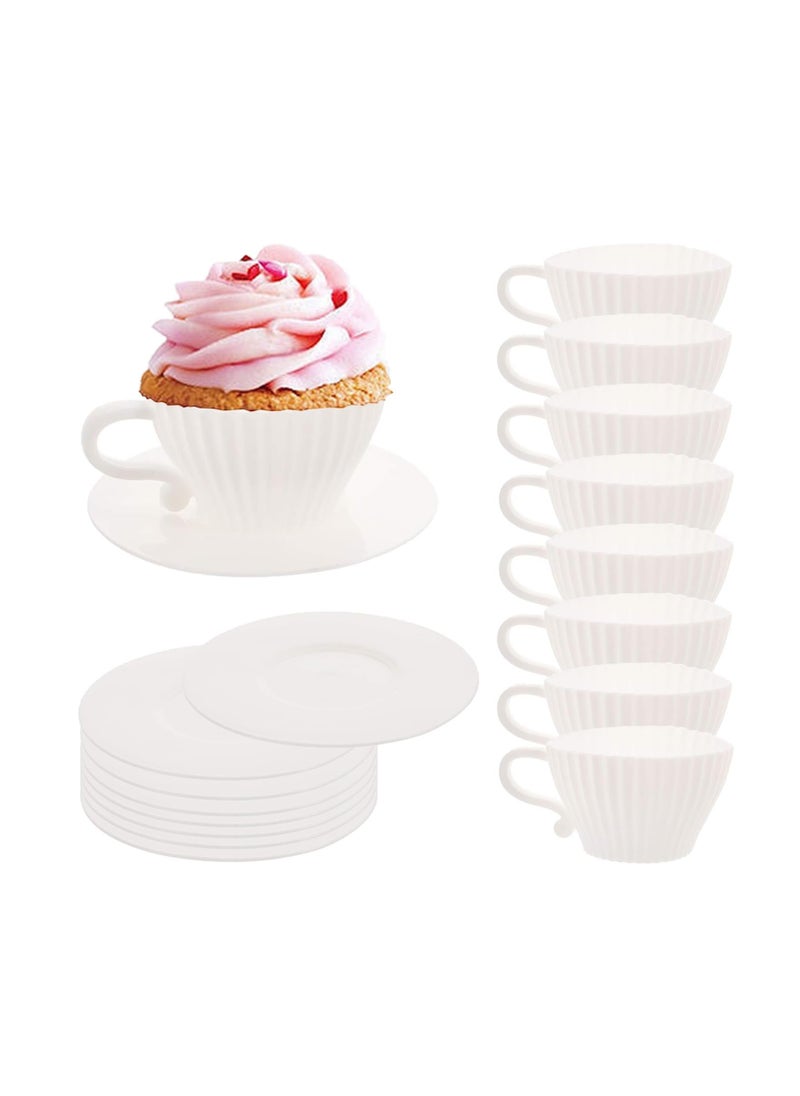 Silicone Muffin Cups for Baking Cupcake Liners Reusable Chocolate 8 Teacups with 8 Saucers White