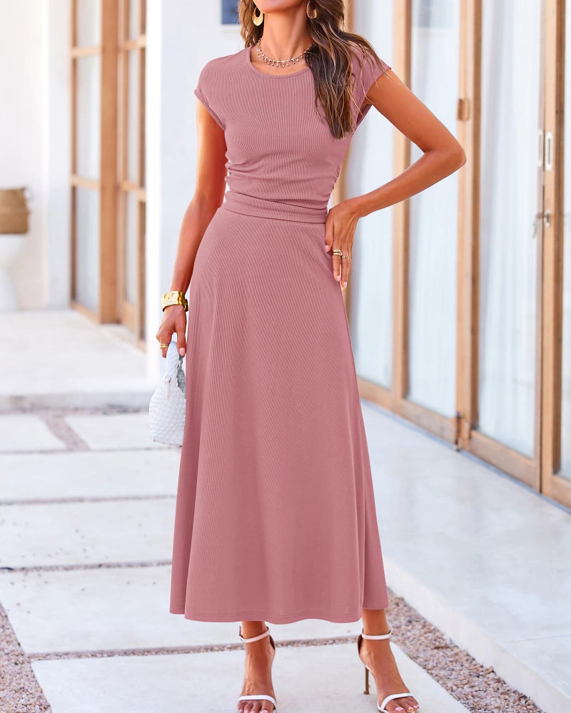 BTFBM Summer Outfits For Women 2026 Two Piece Sets Casual Crew Neck Short Sleeve Cropped Spring Tops Midi Skirt Lounge Set(Dusty Pink, Small) - Image 4