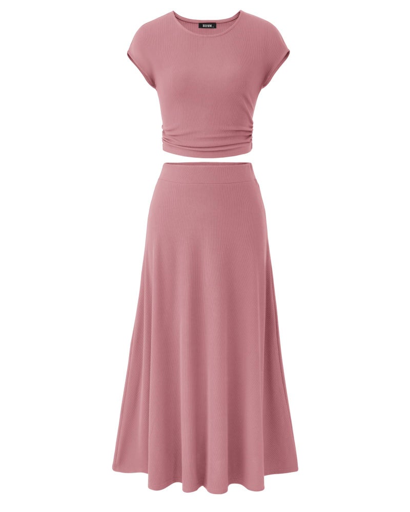 BTFBM Summer Outfits For Women 2026 Two Piece Sets Casual Crew Neck Short Sleeve Cropped Spring Tops Midi Skirt Lounge Set(Dusty Pink, Small) - Image 1