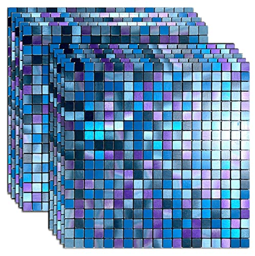 XUANINY Peel and Stick Backsplash Tiles for Kitchen,Bathroom,Fireplace,Self Adhesive Metal Aluminum Mosaic (12"x12") (10, Blue and Purple Mixed) - Image 1