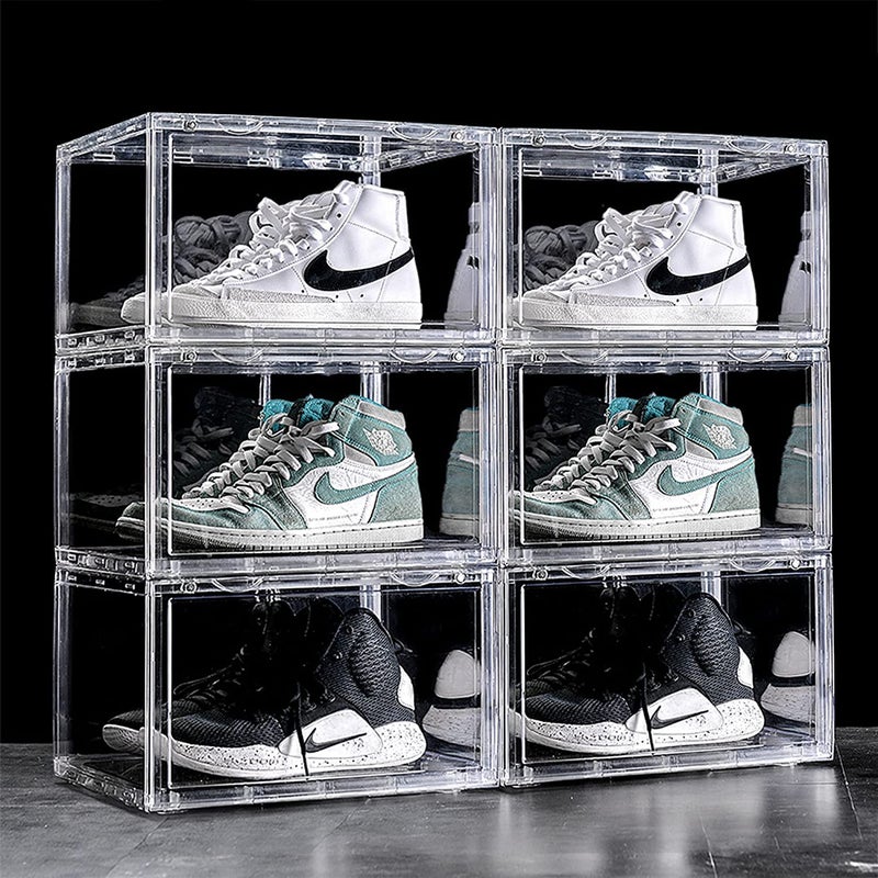 KEEKOS Shoe Organizer Boxes Black Plastic Stackable Shoe Storage Bins For ClosetShoe Holder Sneaker Display Case Transparent PACKOF6
