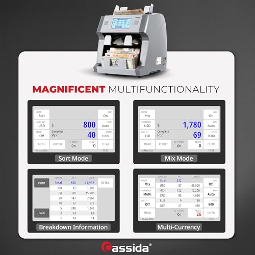 Cassida 9900R V2 2-Pocket Premium Bank Grade Money Counter Machine Mixed Denomination, Bill Sorter, Value Counting, Printer Enabled, 2 CIS, UV/MG, IR/IT Counterfeit Detection with Built-in Printer - Image 5