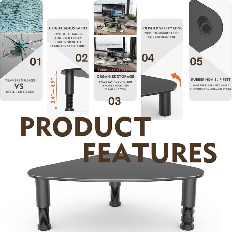 Hemudu Tempered Glass Computer Monitor Riser/Triangle Save Space Desktop Corner Stand for Computer Monitor & Laptop Black HD01B-003 - Image 2