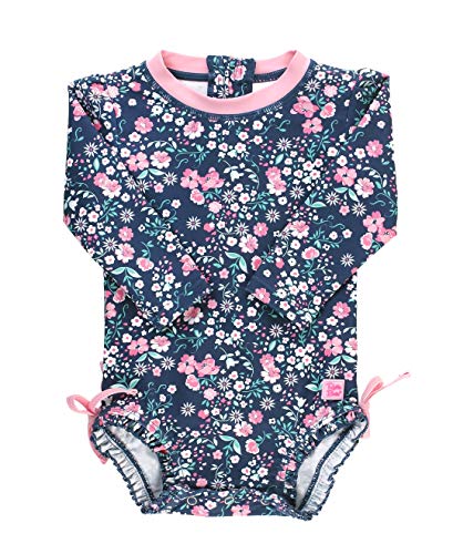 RuffleButts Baby Girls UPF 50 Sun Protection Floral Printed Long Sleeve One Piece Rash Guard Swimsuit with Zipper Moonlit Meadow 1218m