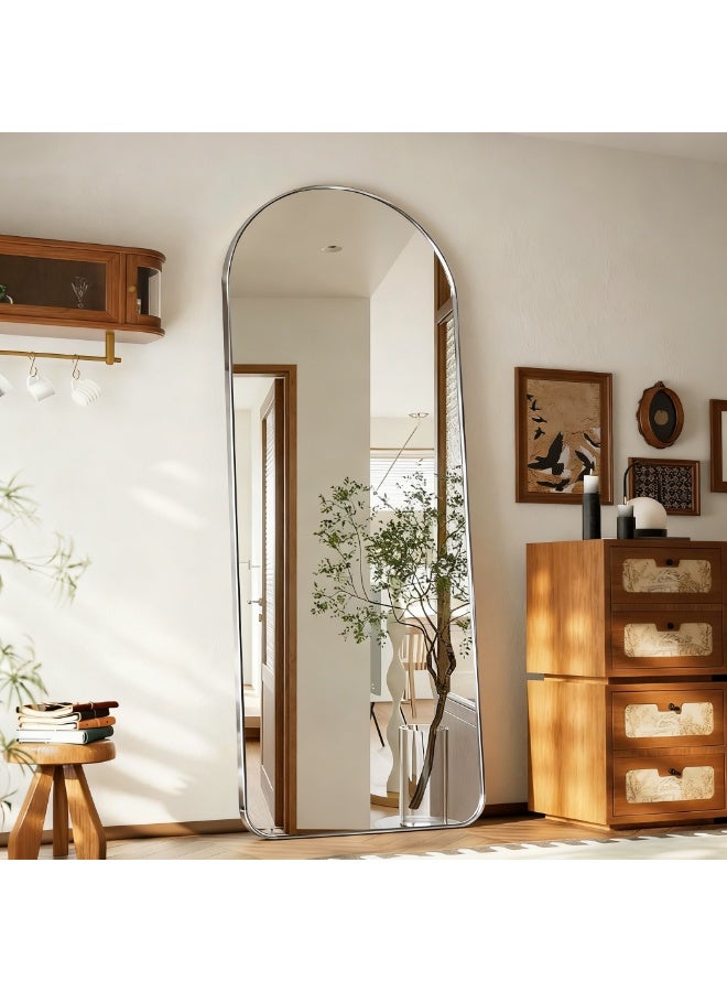 YQbest Arched Full Length Mirror with Stand Floor Standing Aluminum Frame for Bedroom Body Hanging Leaning Modern Simple Home Decor Shatter-proorf Nano Glass Wall Decor Mirror Living Room Cloakroom Silver - Image 1