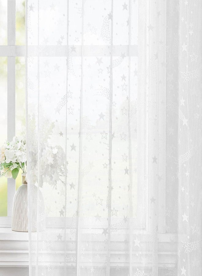 BROSHAN White Lace Sheer Curtains 84 inches Long-Cute Star Pattern Bedroom Curtains 2 Panel Sets White Curtain Sheers Semi Sheer Drapes for Living Room Window, 60 Inch Extra Wide - Image 1
