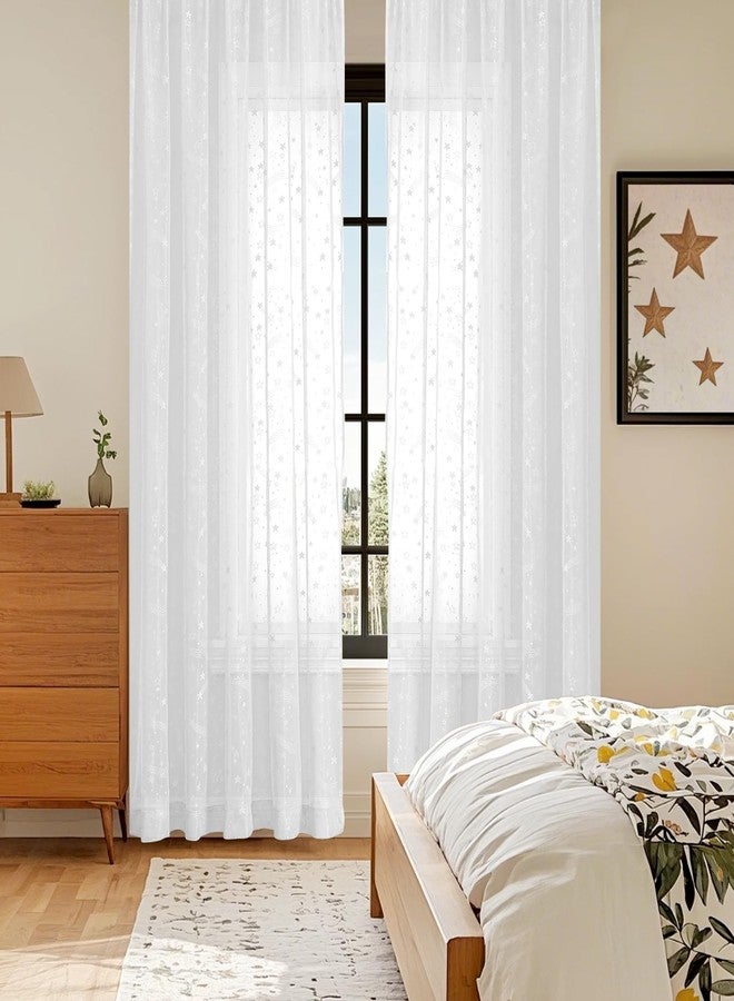 BROSHAN White Lace Sheer Curtains 84 inches Long-Cute Star Pattern Bedroom Curtains 2 Panel Sets White Curtain Sheers Semi Sheer Drapes for Living Room Window, 60 Inch Extra Wide - Image 3