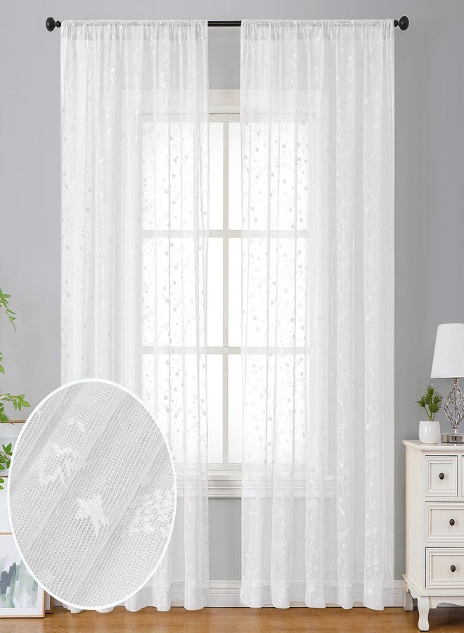 BROSHAN White Lace Sheer Curtains 84 inches Long-Cute Star Pattern Bedroom Curtains 2 Panel Sets White Curtain Sheers Semi Sheer Drapes for Living Room Window, 60 Inch Extra Wide - Image 2