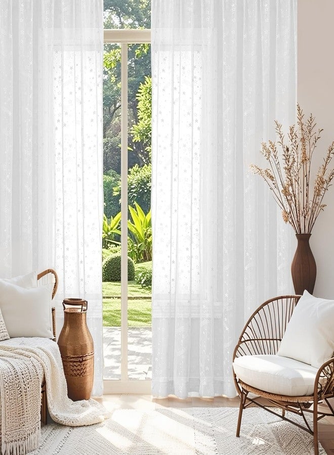 BROSHAN White Lace Sheer Curtains 84 inches Long-Cute Star Pattern Bedroom Curtains 2 Panel Sets White Curtain Sheers Semi Sheer Drapes for Living Room Window, 60 Inch Extra Wide - Image 4