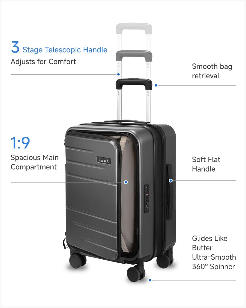 LUGGEX Carry On Luggage Top Opening, FLT Expandable Polycarbonate Hard Shell Suitcase with Wheels (FX-Lite, Charcoal Metallic, 20 Inch, 36L-41L) - Image 5