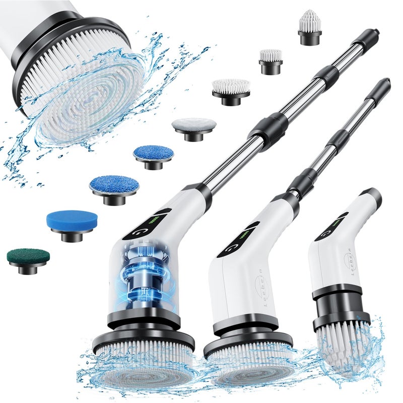 Leebein Electric Spin Scrubber, Cordless Cleaning Brush with 8 Replaceable Brush Heads, Tub and Floor Tile 360 Power Scrubber Dual Speed with Adjustable & Detachable Handle for Bathroom Kitchen Car - Image 1