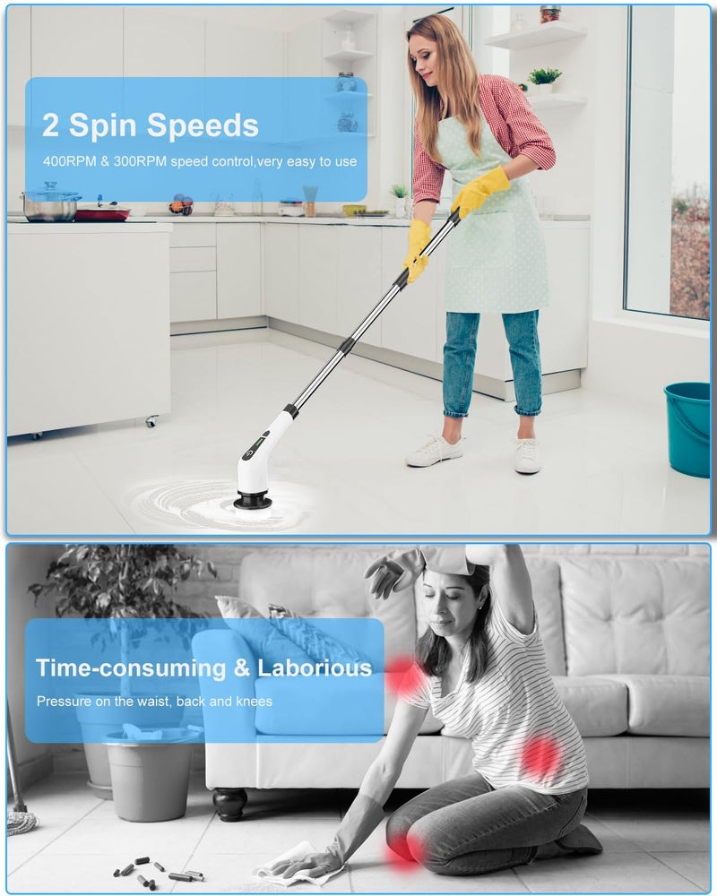 Leebein Electric Spin Scrubber, Cordless Cleaning Brush with 8 Replaceable Brush Heads, Tub and Floor Tile 360 Power Scrubber Dual Speed with Adjustable & Detachable Handle for Bathroom Kitchen Car - Image 2