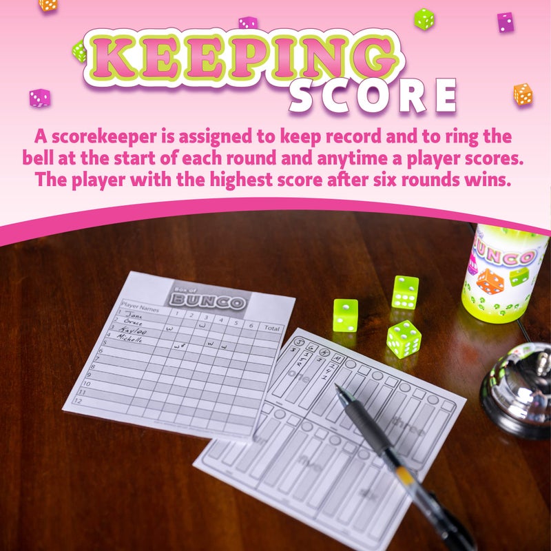 Continuum Games Retro Bunco Game Kit Party Box for Ladies Night 2-12 Players 3 Sets of Bunco Dice, Bell, and Score Pad for Game Night - Image 4