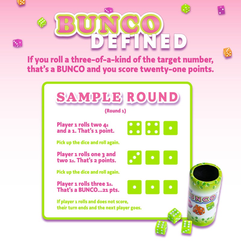 Continuum Games Retro Bunco Game Kit Party Box for Ladies Night 2-12 Players 3 Sets of Bunco Dice, Bell, and Score Pad for Game Night - Image 3