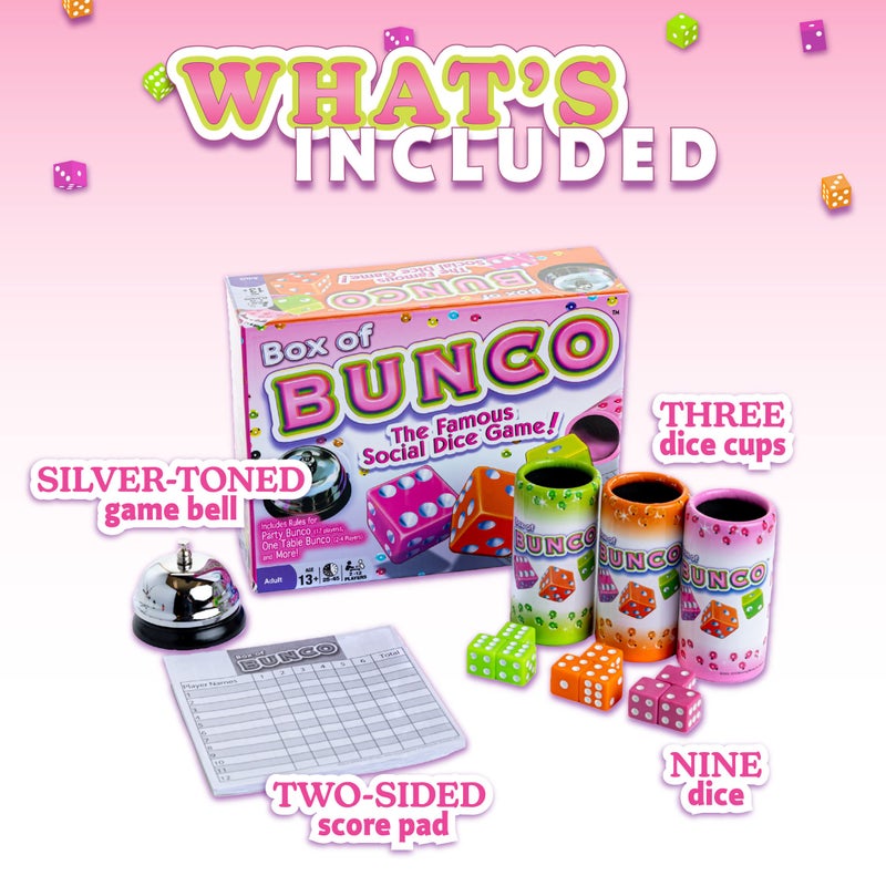 Continuum Games Retro Bunco Game Kit Party Box for Ladies Night 2-12 Players 3 Sets of Bunco Dice, Bell, and Score Pad for Game Night - Image 5